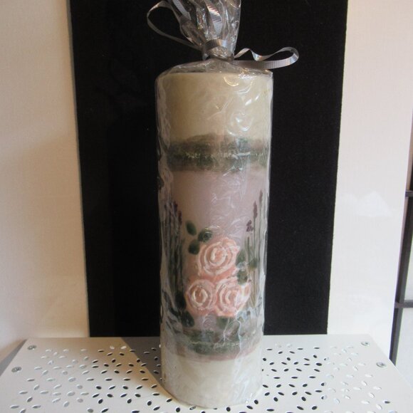 Stylized flowers, 9" Tall Pillar Candle, Hand Painted, Long, Nature, Code Z - Picture 1 of 2